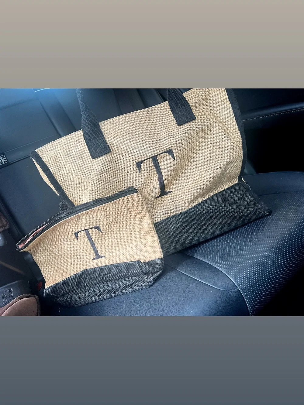 Monogrammed Beige & Black Tote and Pouch Set - T Initial